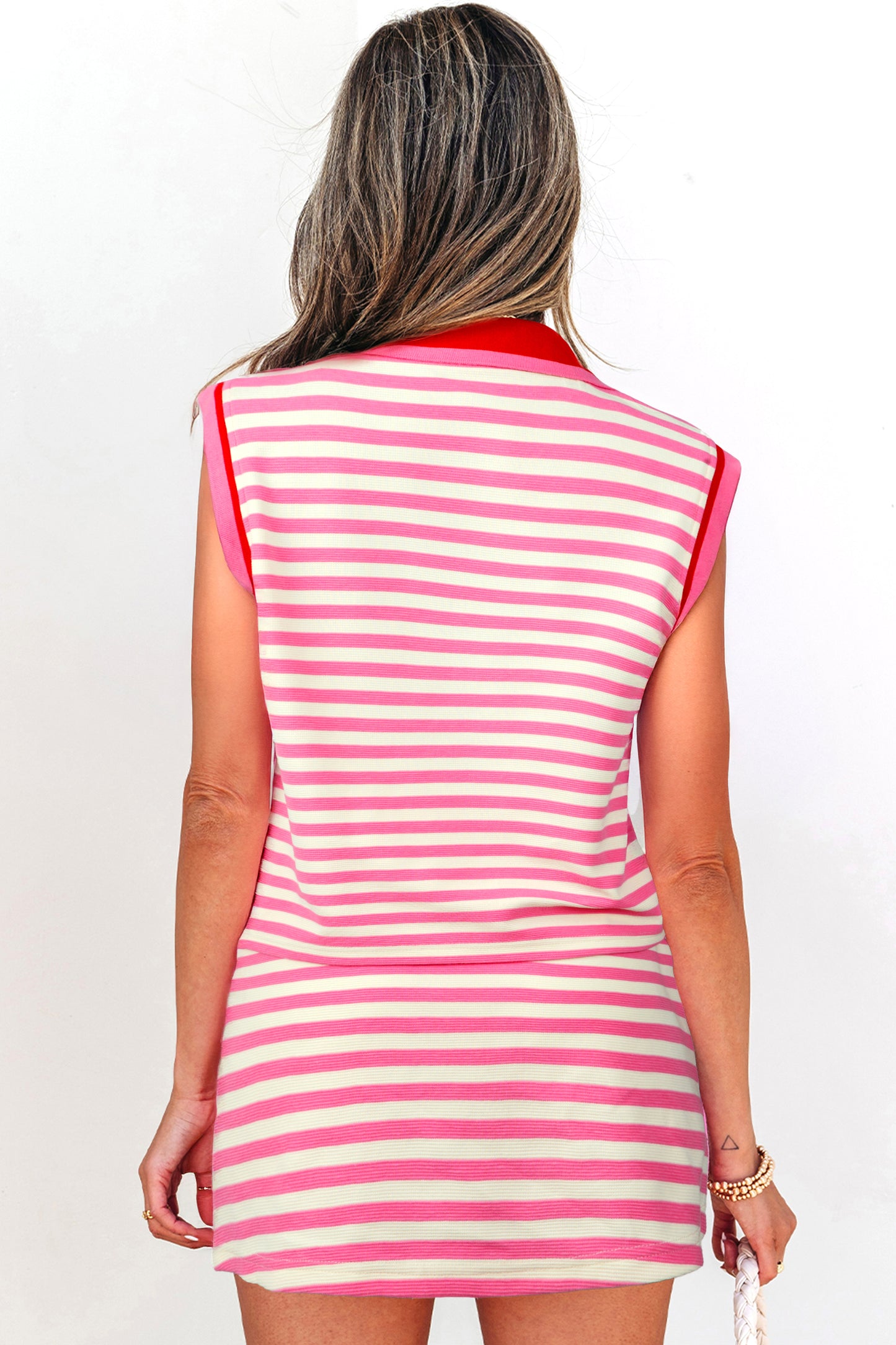Sachet Pink Textured Stripe Print Contrast Trim Zip Collar Sleeveless 2pcs Skort Set - Snoopy's Closet