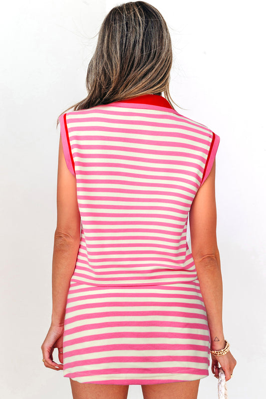 Sachet Pink Textured Stripe Print Contrast Trim Zip Collar Sleeveless 2pcs Skort Set - Snoopy's Closet