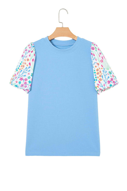 Pink Round Neck Textured Contrast Floral Bubble Sleeve Blouse
