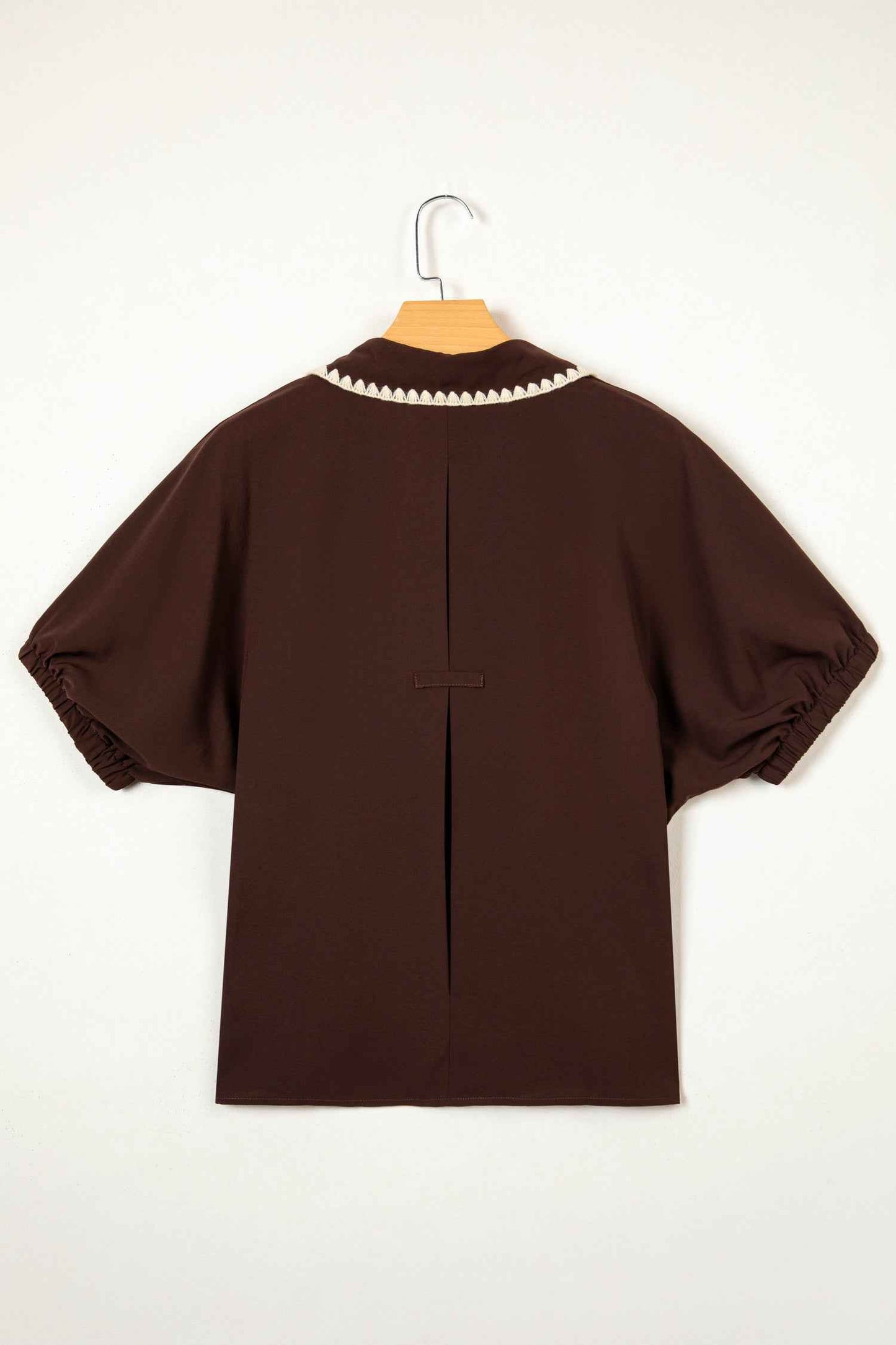 Coffee Shirt Collar Contrast Trim Button V Neck Short Sleeve Blouse