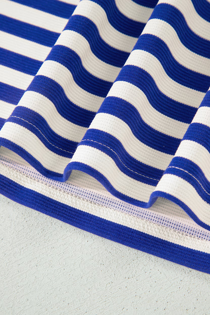 Dark Blue Textured Stripe Print Contrast Trim Zip Collar Sleeveless 2pcs Skort Set - Snoopy's Closet