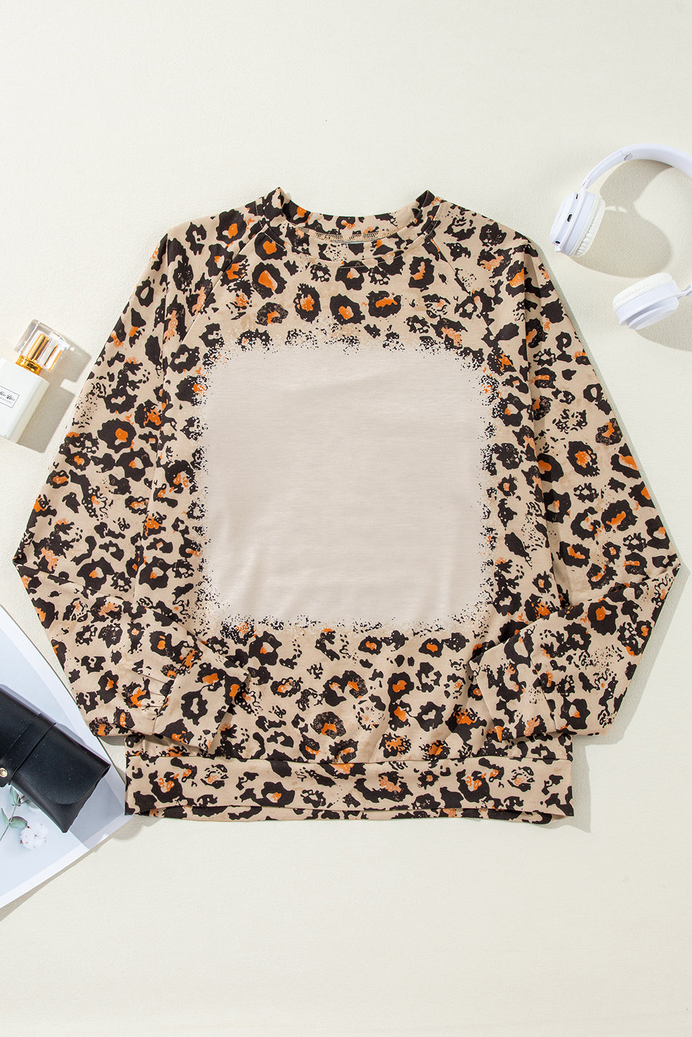 Brown Leopard Bleached Raglan Sleeve Pullover Sweatshirt - Snoopy's Closet