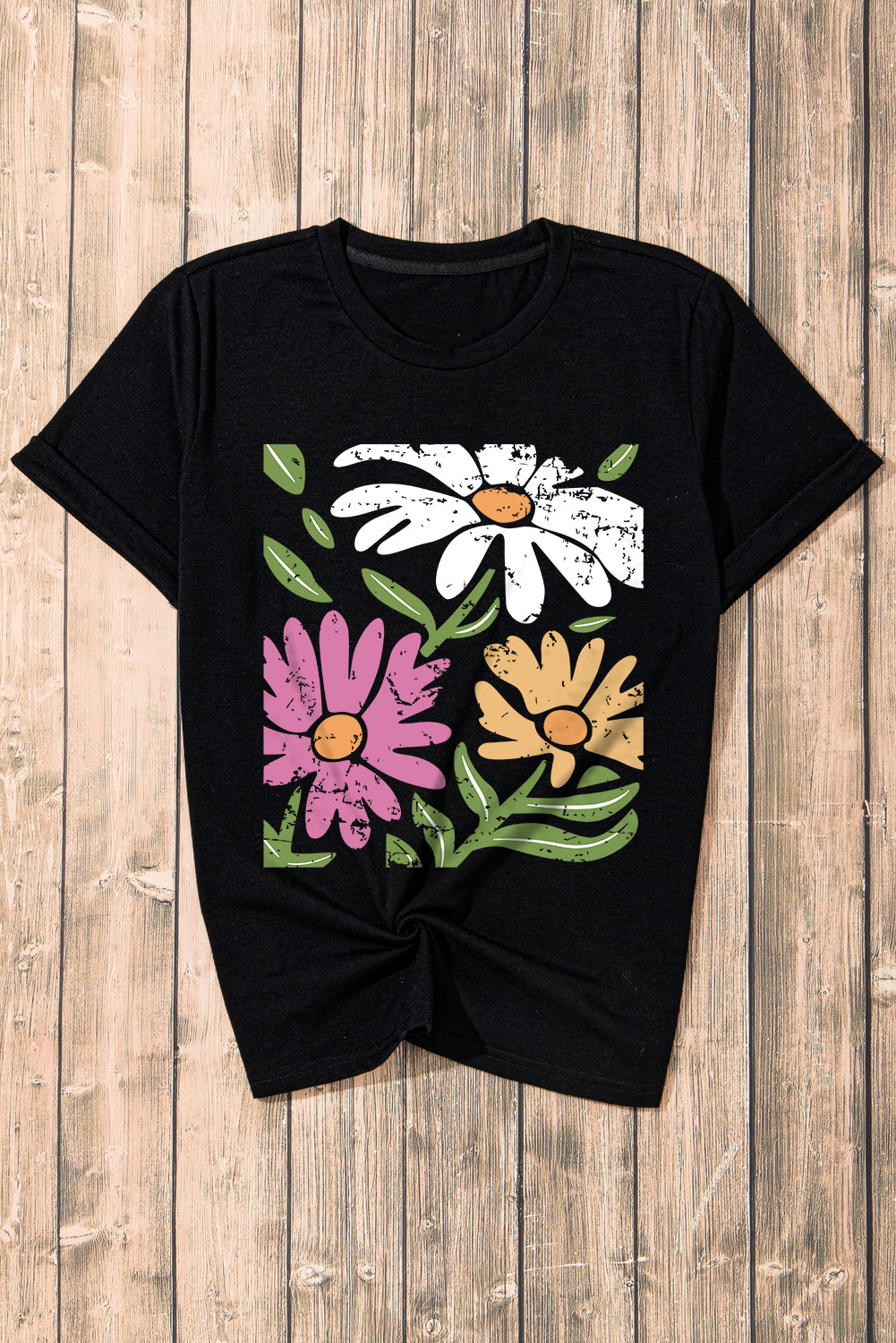 Camiseta casual de cuello redondo con estampado floral retro negro