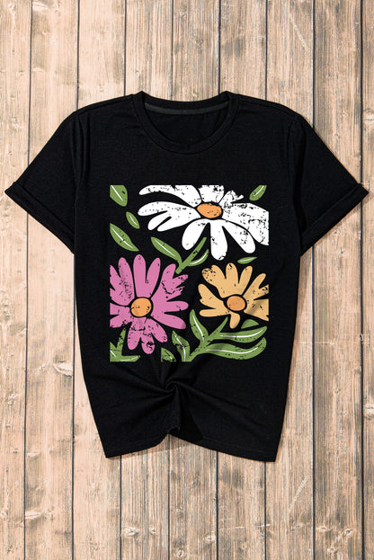 Camiseta casual de cuello redondo con estampado floral retro negro