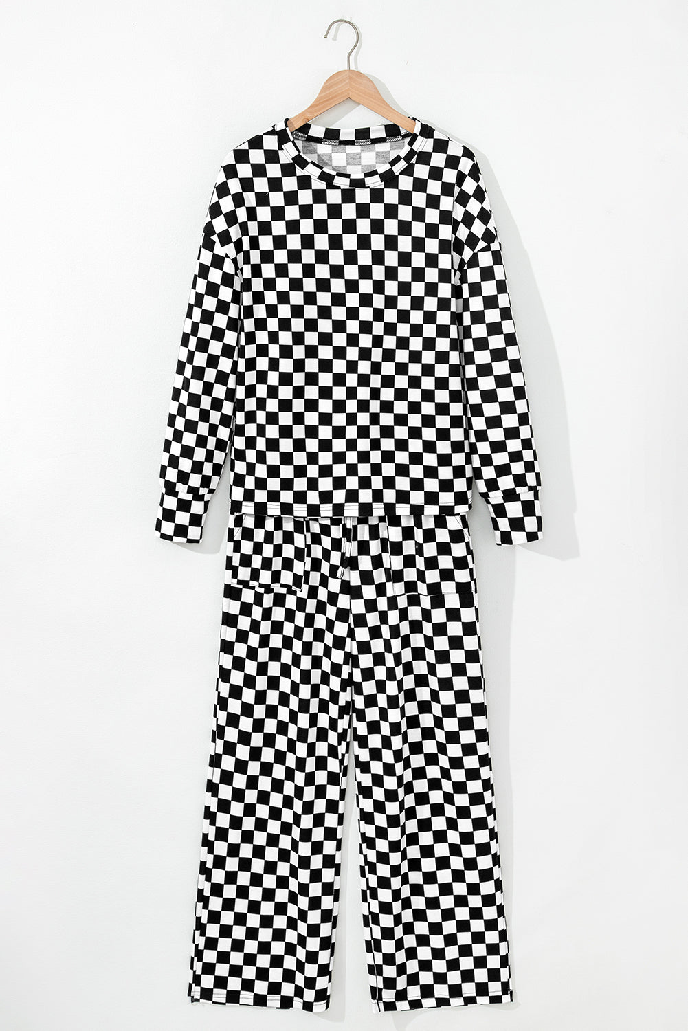 Black Checkered Print Long Sleeve Top and Pants Lounge Set - Snoopy's Closet