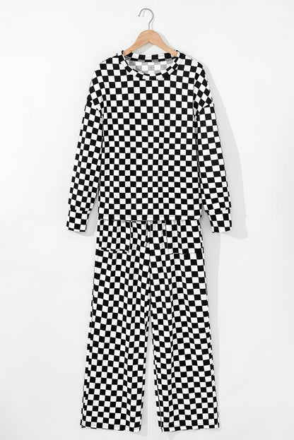 Black Checkered Print Long Sleeve Top and Pants Lounge Set - Snoopy's Closet