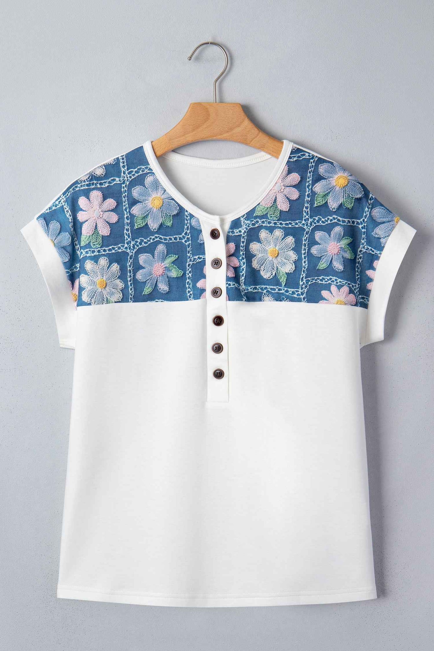 White Floral Patchwork Short Sleeve Viscose Blend Blouse