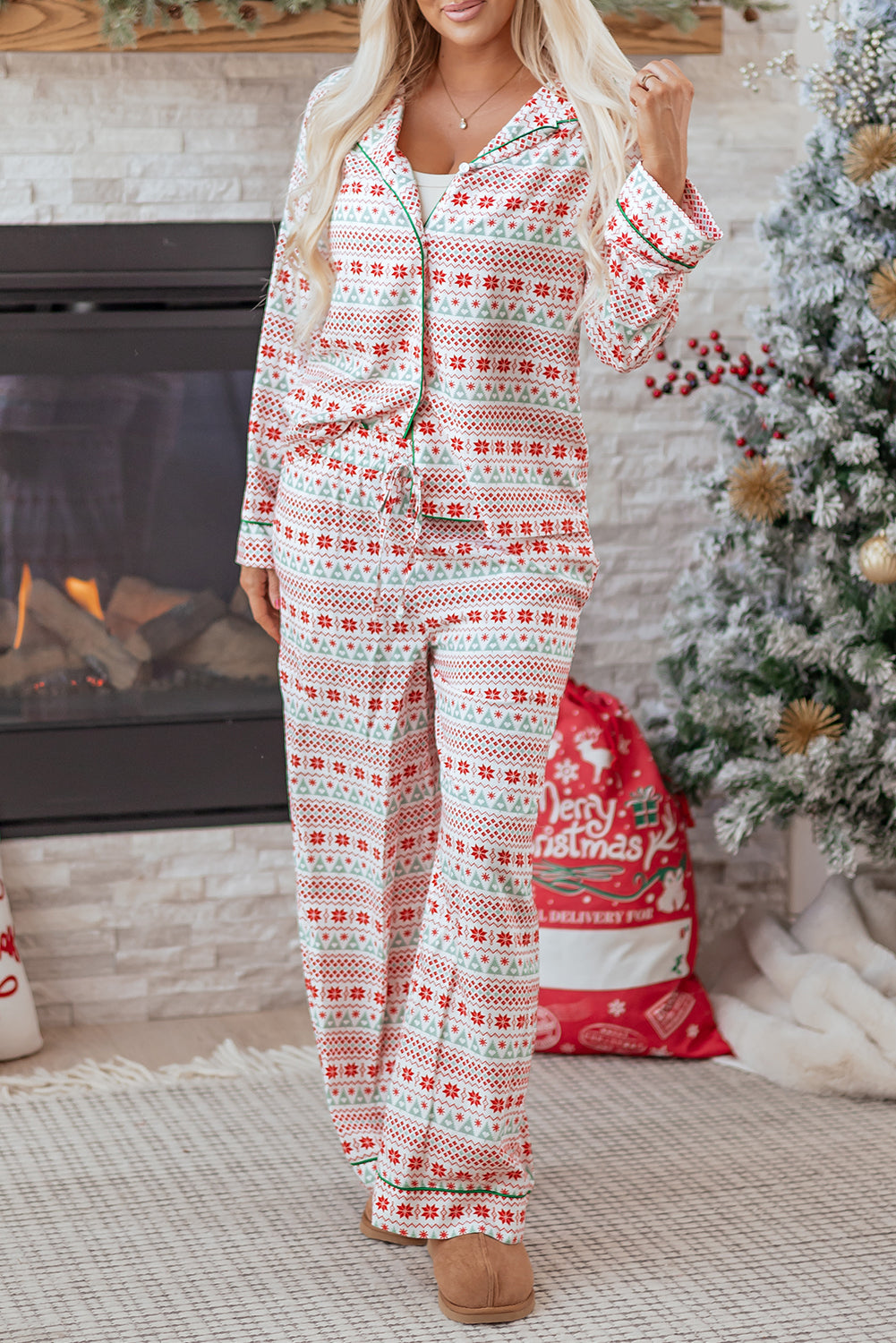 White Christmas Pattern Print Shirt Style Long 2pcs Pajama Set - Snoopy's Closet