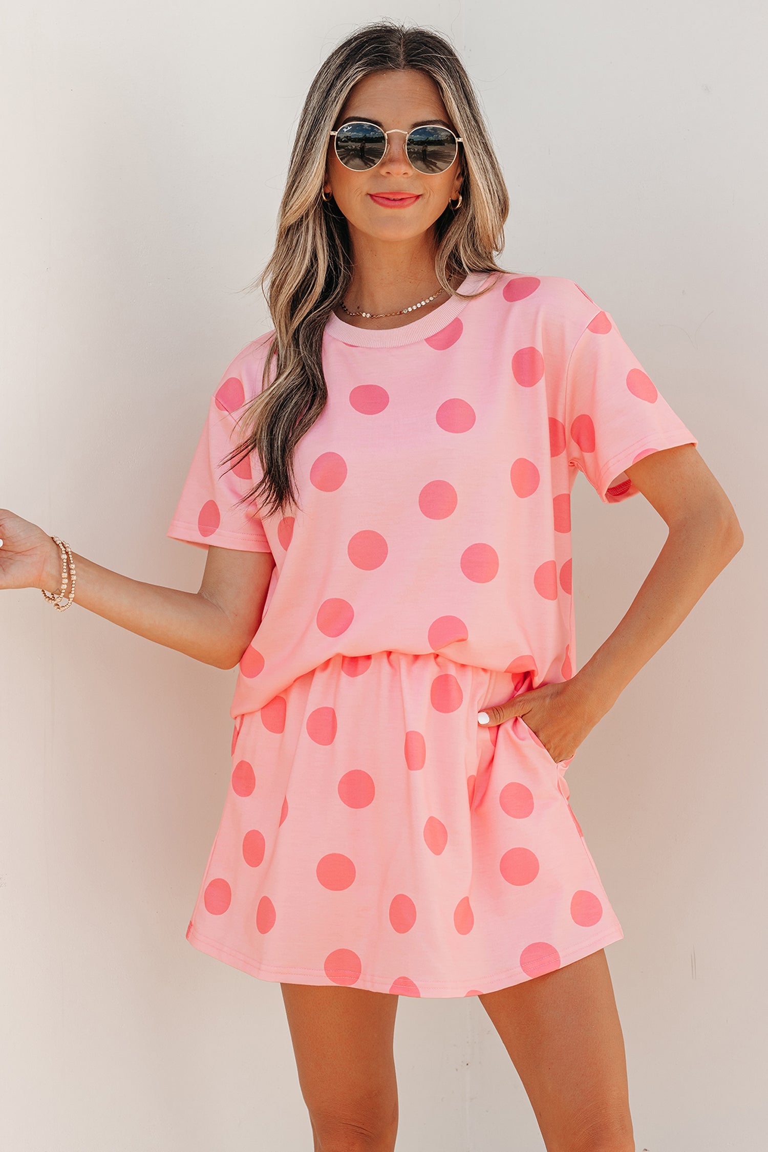 Pink Polka Dot Short Sleeve Top Casual Skort 2pcs Outfit - Snoopy's Closet