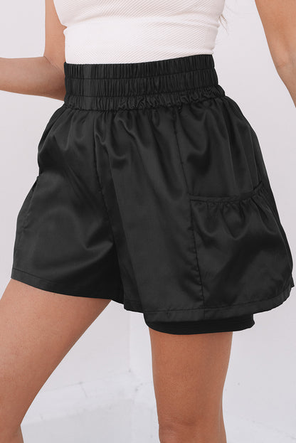 Black Elastic High Waist Pocketed Casual Shorts - Snoopy's Closet