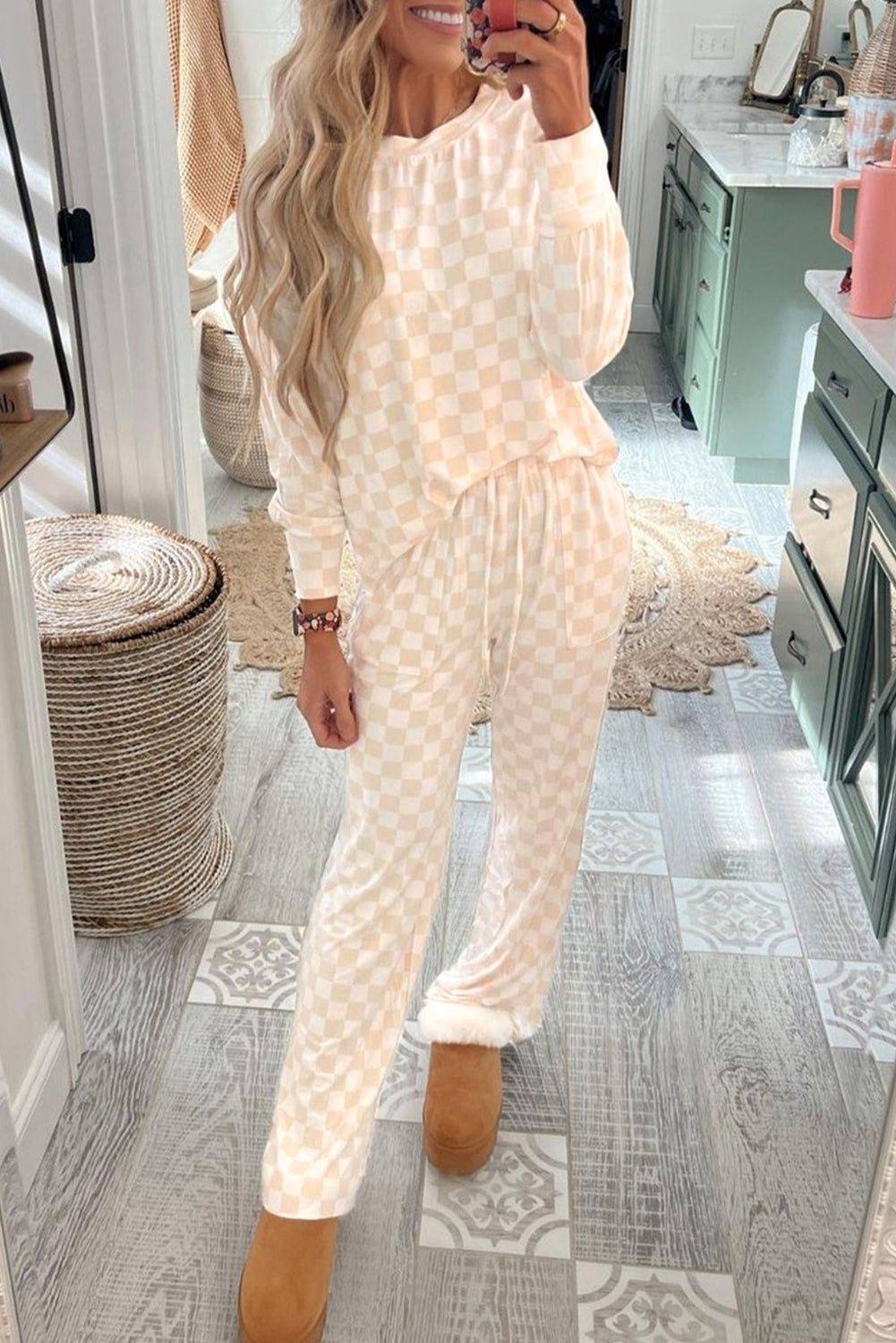 Beige Checkered Print Long Sleeve Top and Pants Lounge Set - Snoopy's Closet