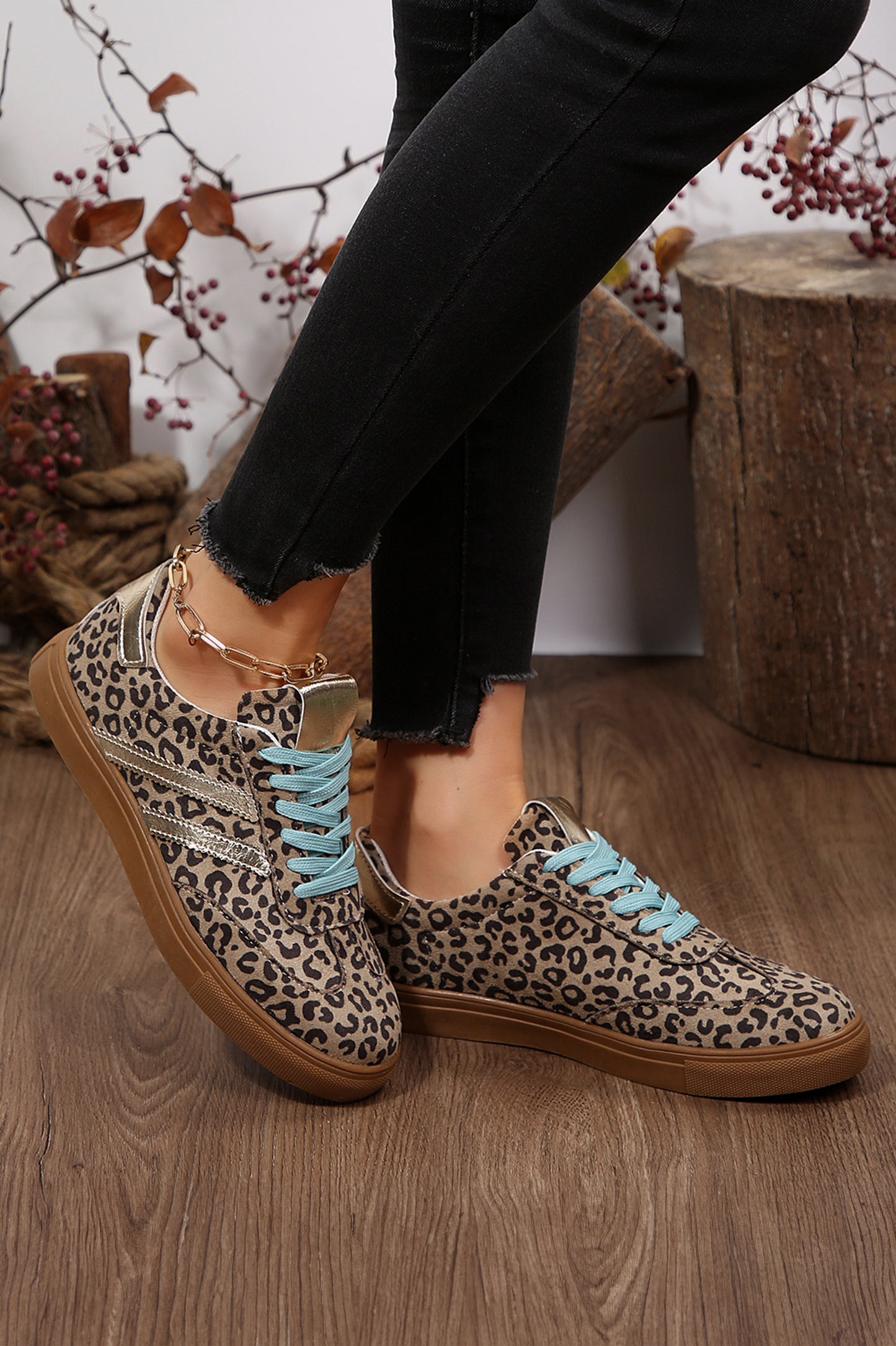 Coffee Faux Suede Leopard Print Sleek PU Leather Detail Lace Up Sneakers - Snoopy's Closet
