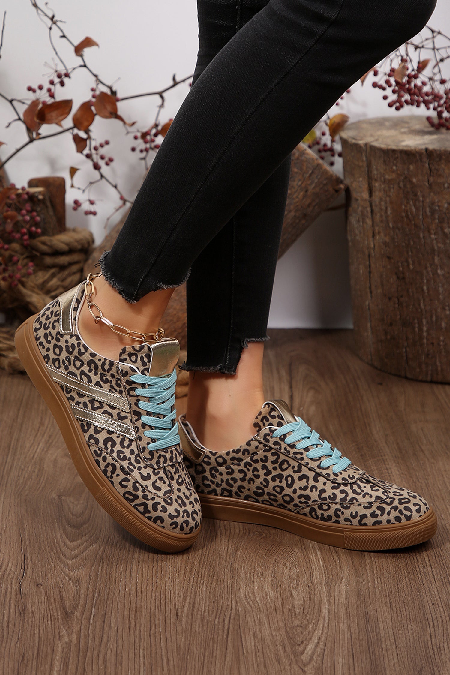 Coffee Faux Suede Leopard Print Sleek PU Leather Detail Lace Up Sneakers - Snoopy's Closet