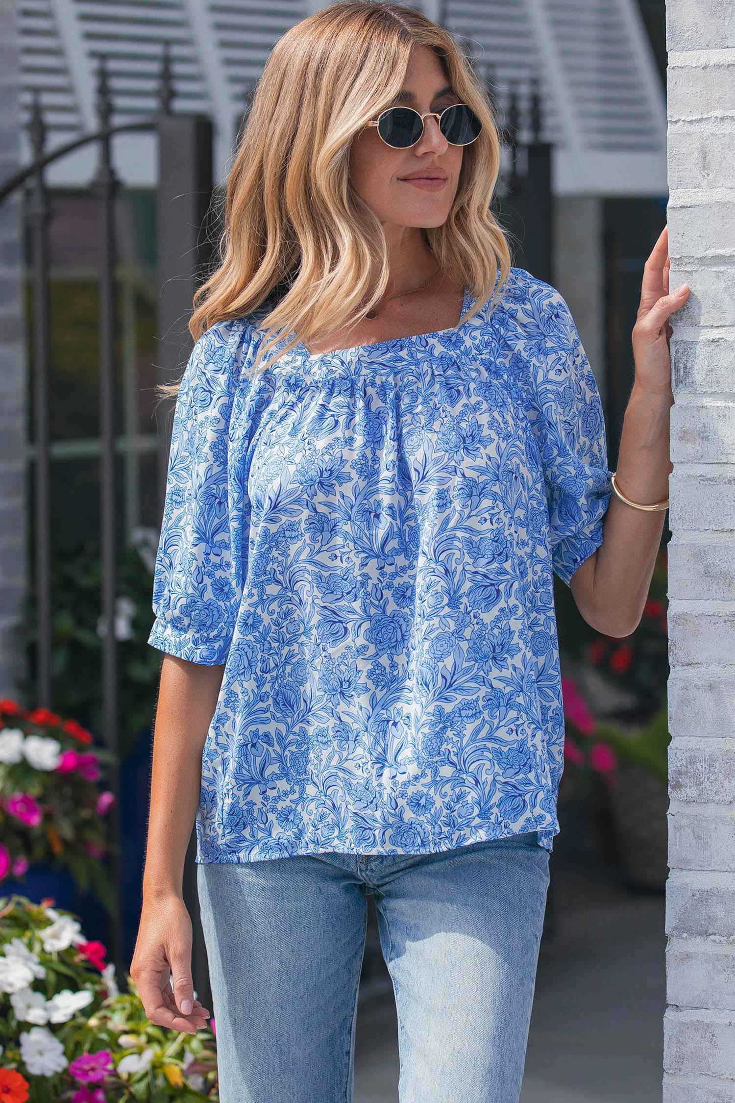 Sky Blue Square Neck Short Puff Sleeve Pleated Floral Blouse