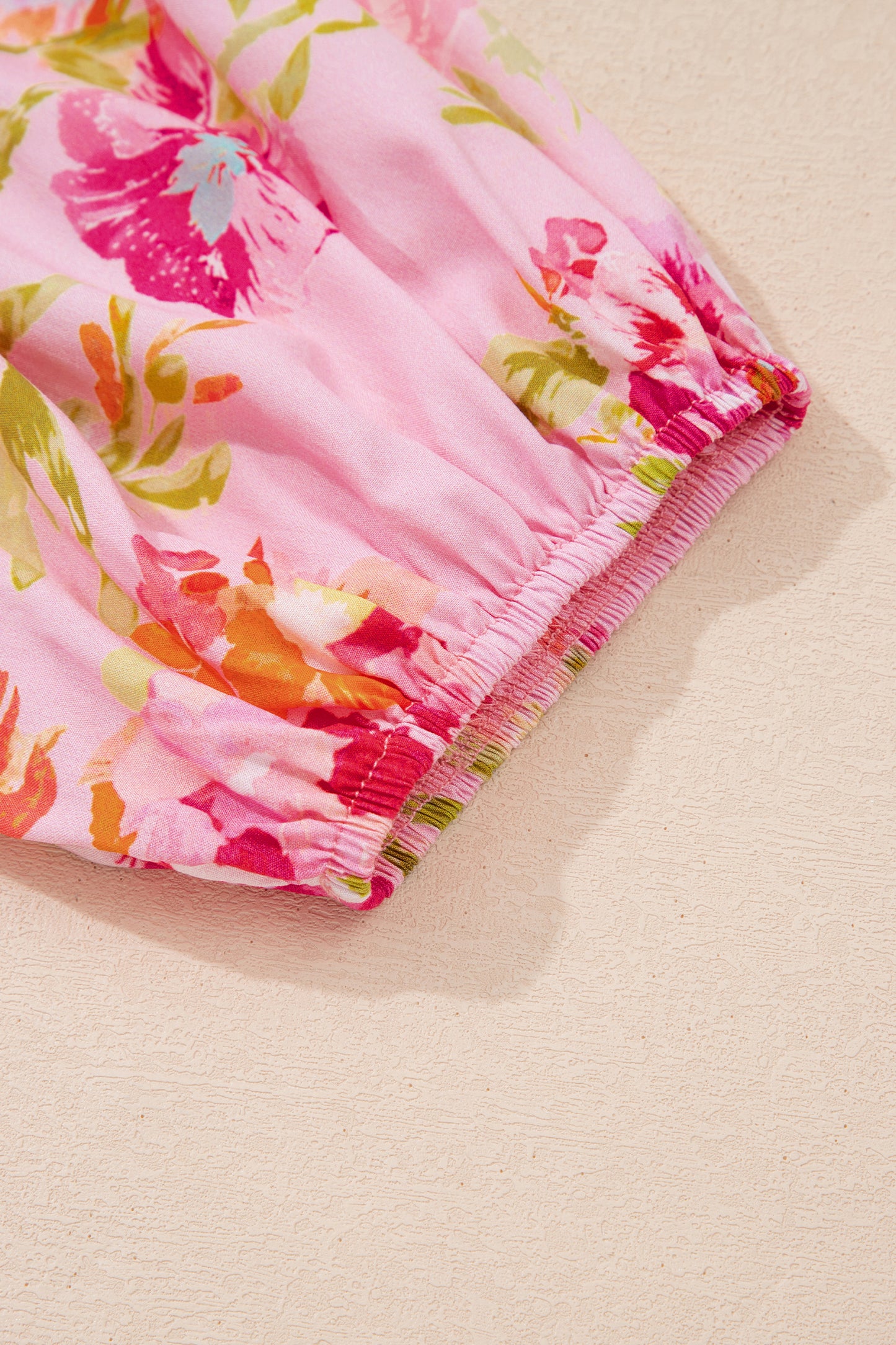 Pink Floral Print Tie Neck Puffy Half Sleeve Blouse - Snoopy's Closet