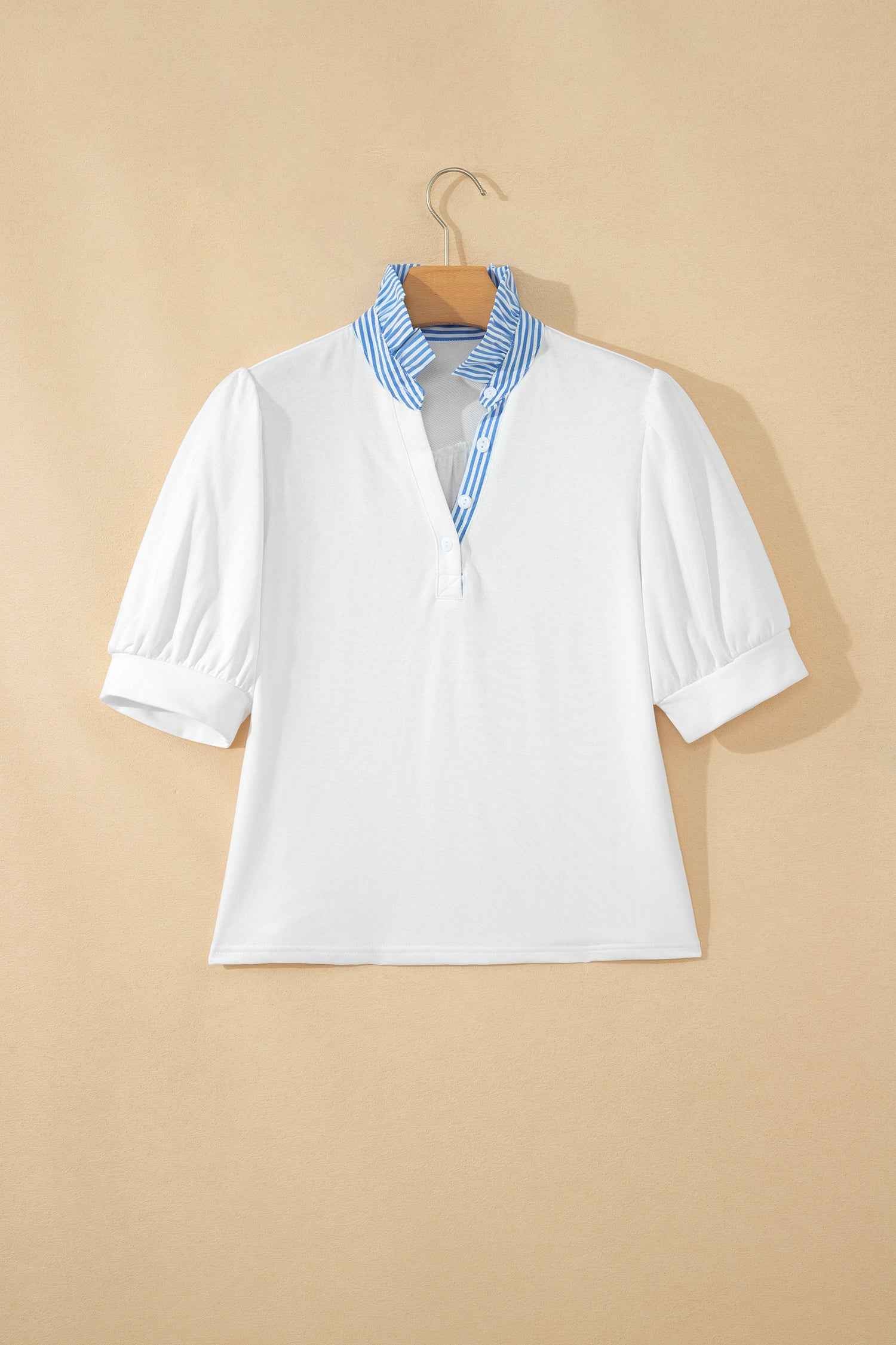 Sky Blue Striped Frilled Collar Short Sleeve Blouse