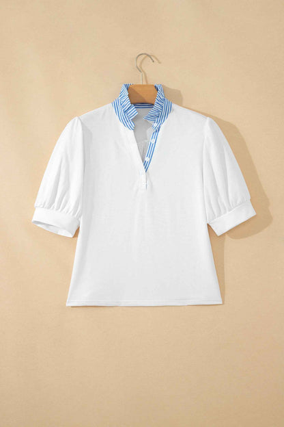 Sky Blue Striped Frilled Collar Short Sleeve Blouse