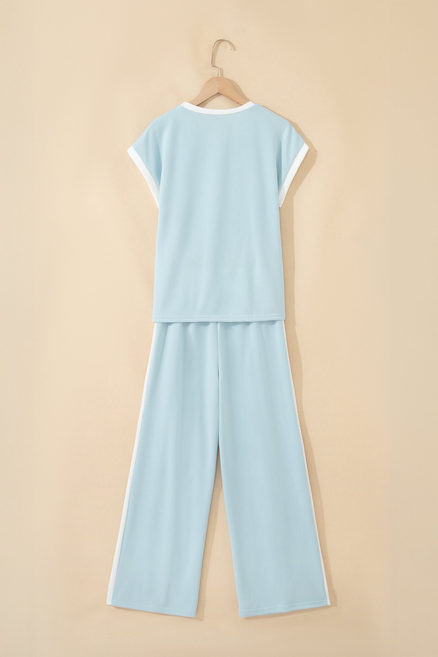 Mist Blue Contrast Trim Round Neck Pocketed Boxy Tank Top Wide Leg Pant Set - Snoopy's Closet