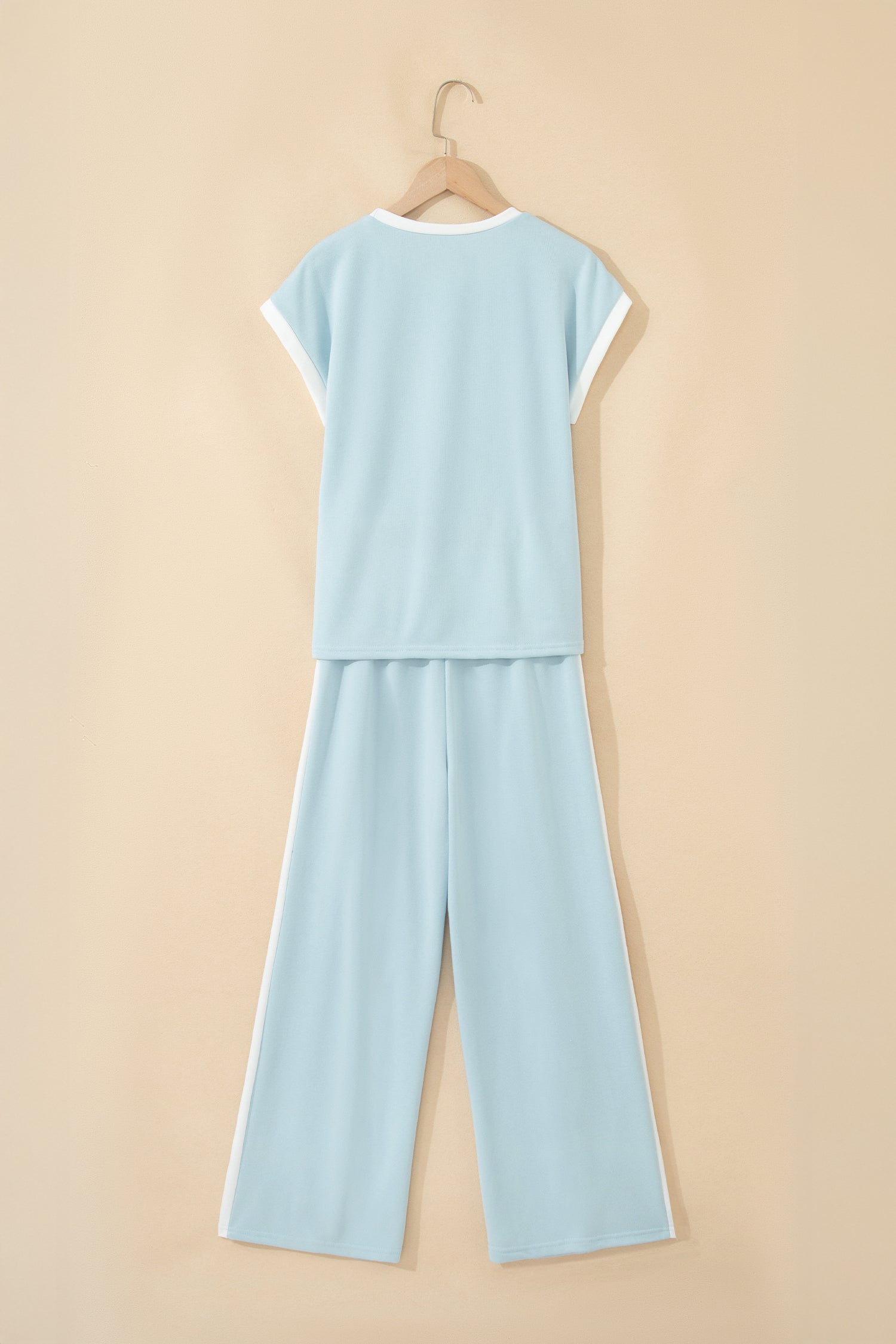 Mist Blue Contrast Trim Round Neck Pocketed Boxy Tank Top Wide Leg Pant Set - Snoopy's Closet
