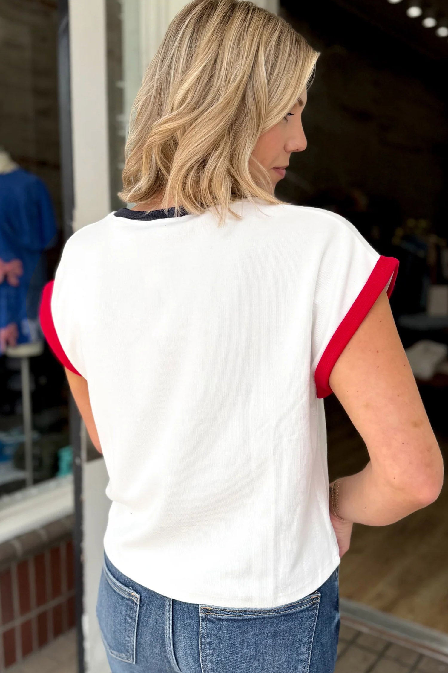 White USA Sequin Color Block Trim Loose T Shirt