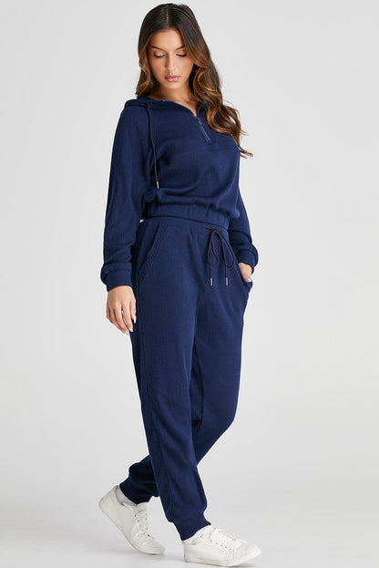 Conjunto de sudadera corta con capucha de punto acanalado y joggers con cordón azul marino