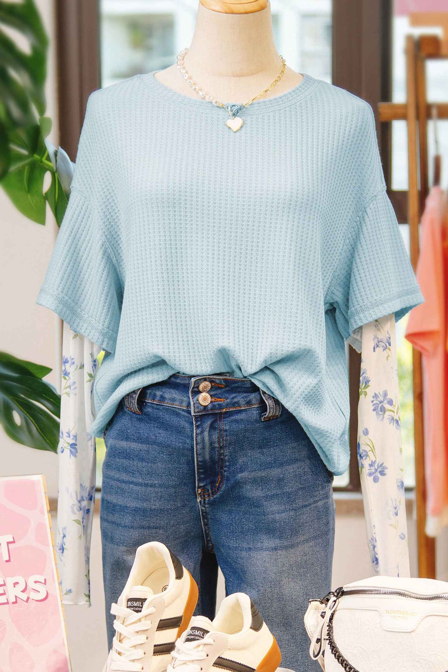 Beau Blue Floral Lace Sleeve Patchwork Waffle Fake Two-piece Top