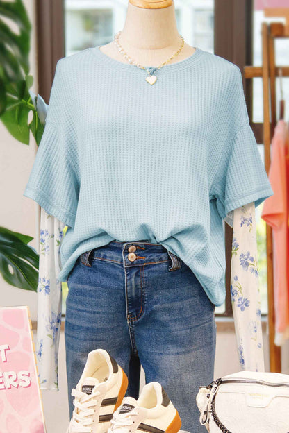 Beau Blue Floral Lace Sleeve Patchwork Waffle Fake Two-piece Top
