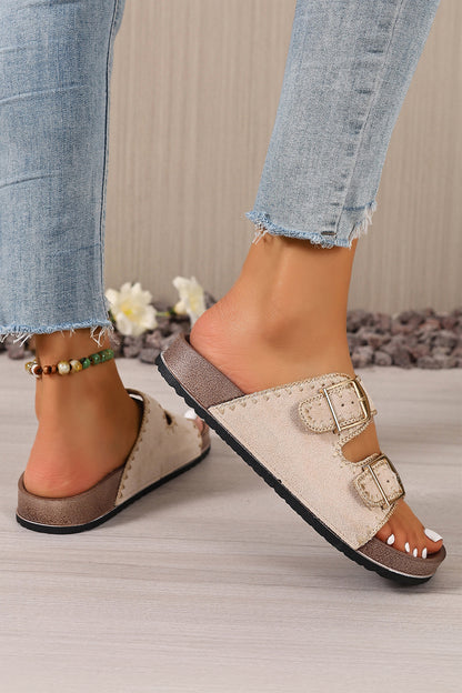 Black Embroidered Trim Retro Buckle Faux Suede Slippers - Snoopy's Closet