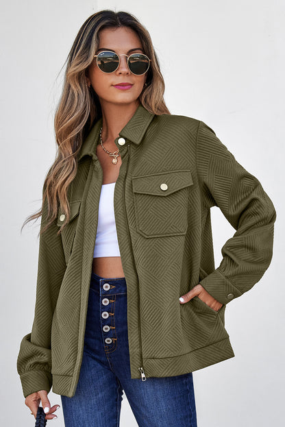 Chaquetas con cuello, color verde negruzco sólido, con cremallera y solapa con botones