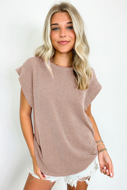 Dark Khaki Twisted Rib Wide Sleeve Crew Neck T Shirt - Snoopy's Closet