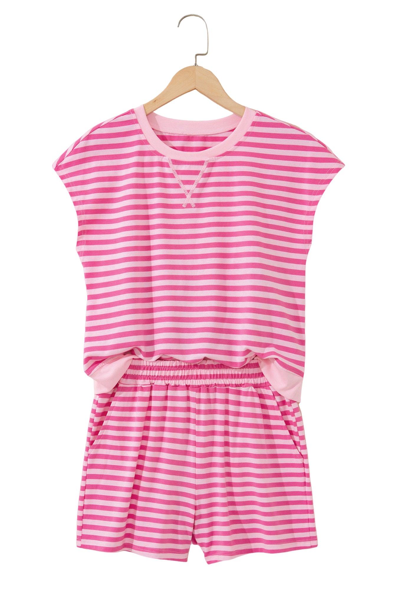 Pink Stripe Cap Sleeve Tee Elastic Waist Shorts 2pcs Outfit - Snoopy's Closet