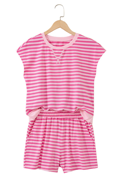 Pink Stripe Cap Sleeve Tee Elastic Waist Shorts 2pcs Outfit - Snoopy's Closet