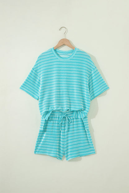 Sky Blue Stripe Raised Rib Loose Tee Drawstring Elastic Waist 2pcs Short Set
