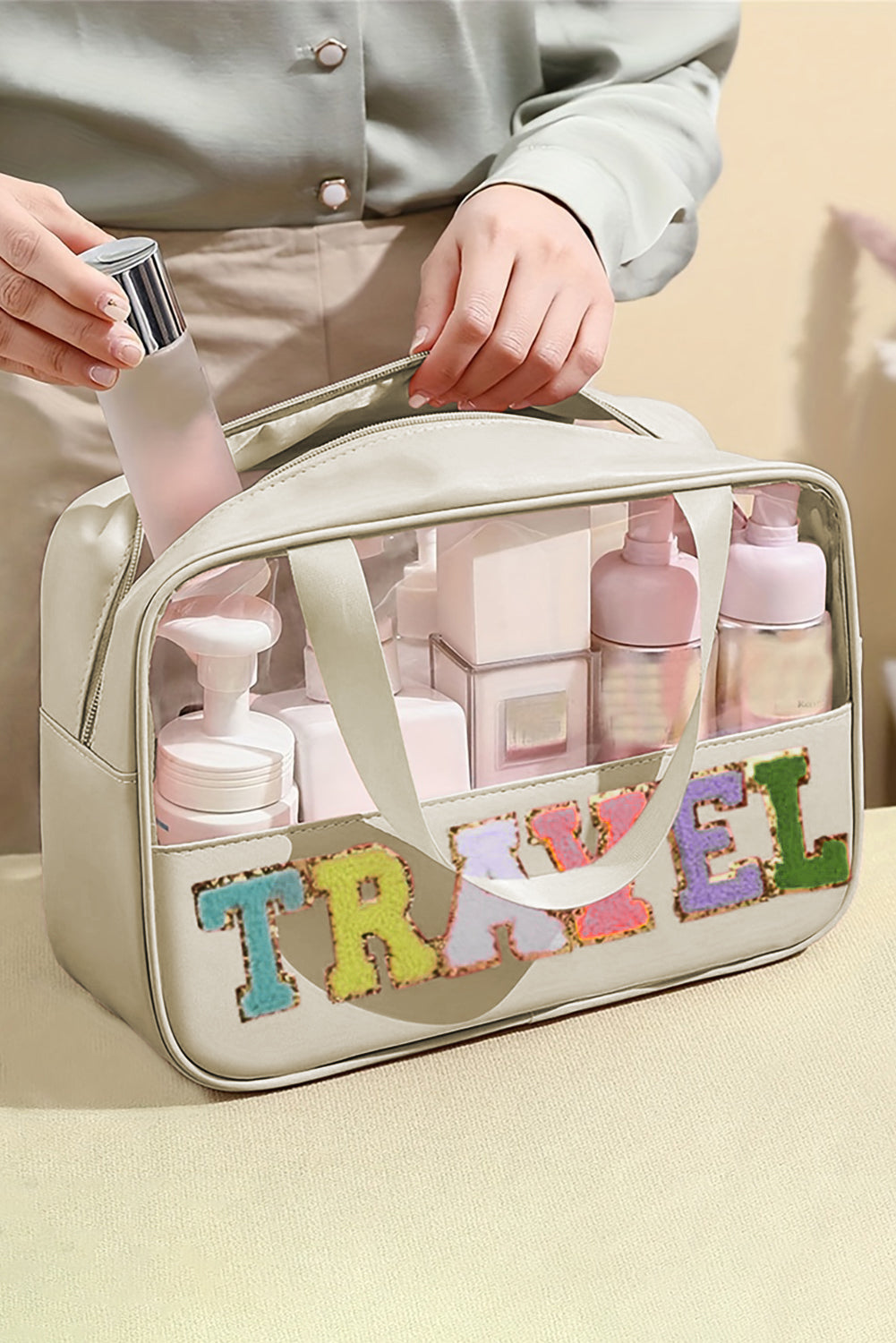 Light Pink TRAVEL Chenille Letter Clear PVC Makeup Bag - Snoopy's Closet
