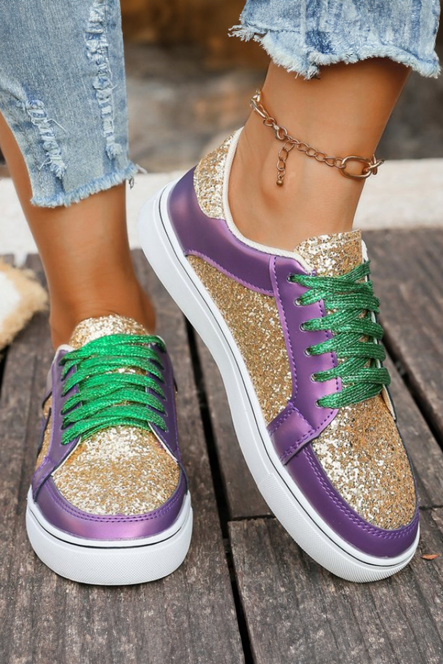Tillandsia Purple Dearlove Glitter Star Patchwork PU Leather Lace-up Sneakers
