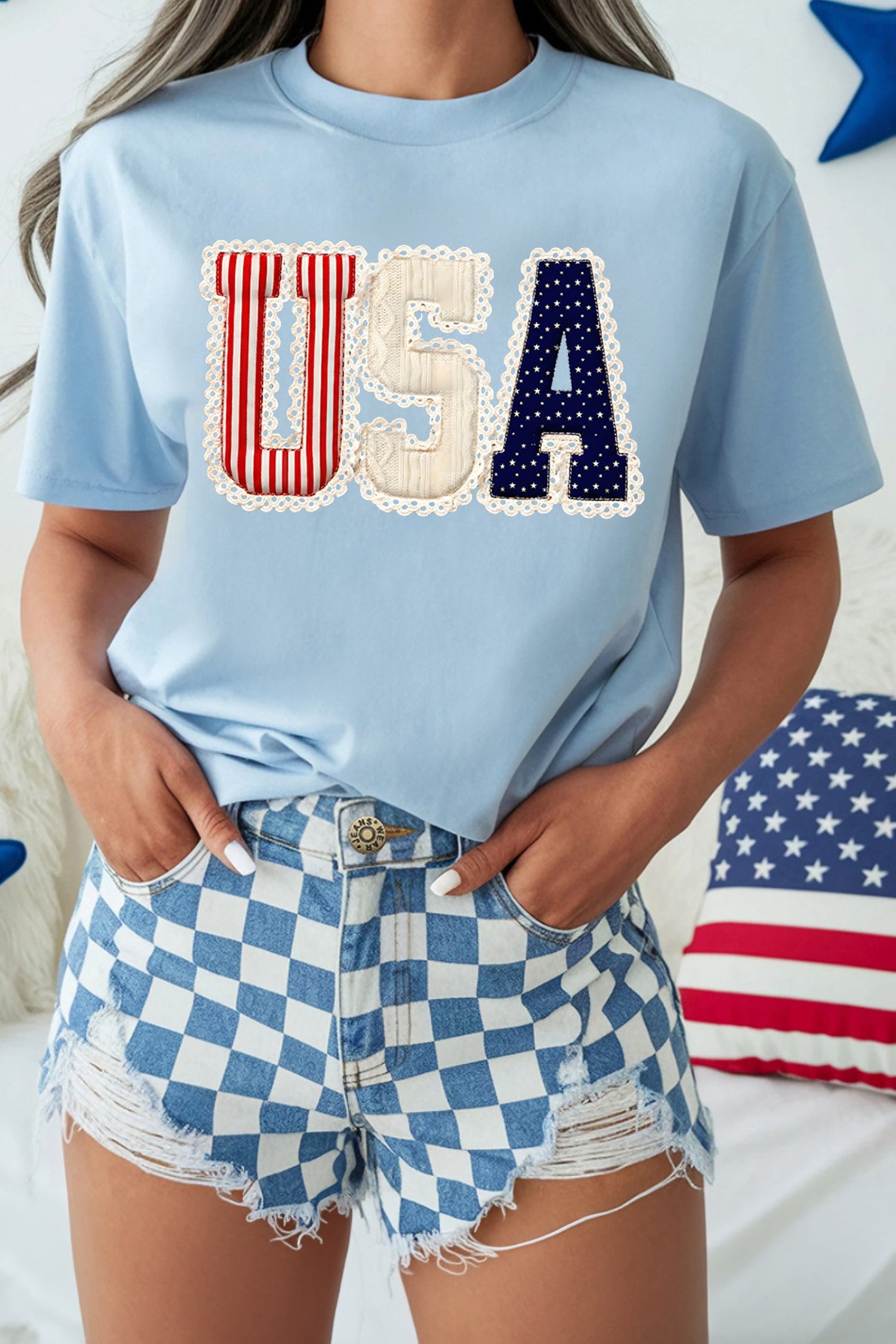 Light Blue USA Patriotic Printed T Shirt