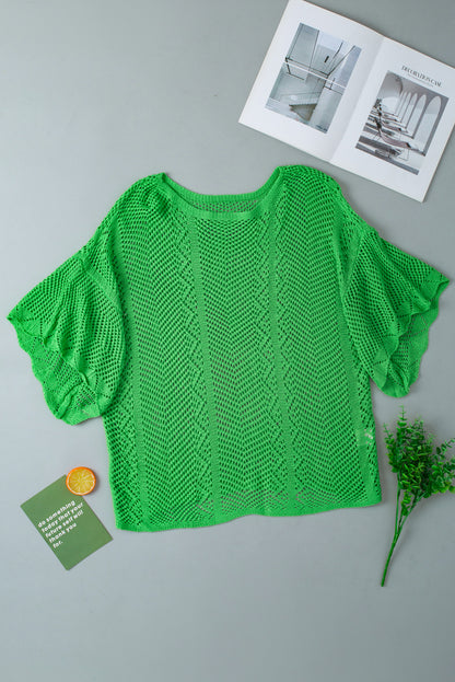 Green Pointelle Knit Scallop Edge Short Sleeve Top - Snoopy's Closet