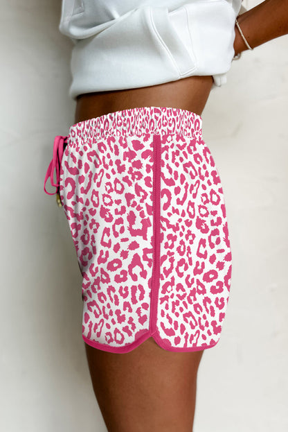 White Leopard Elastic Waistband Lace up Contrast Trim Casual Shorts - Snoopy's Closet