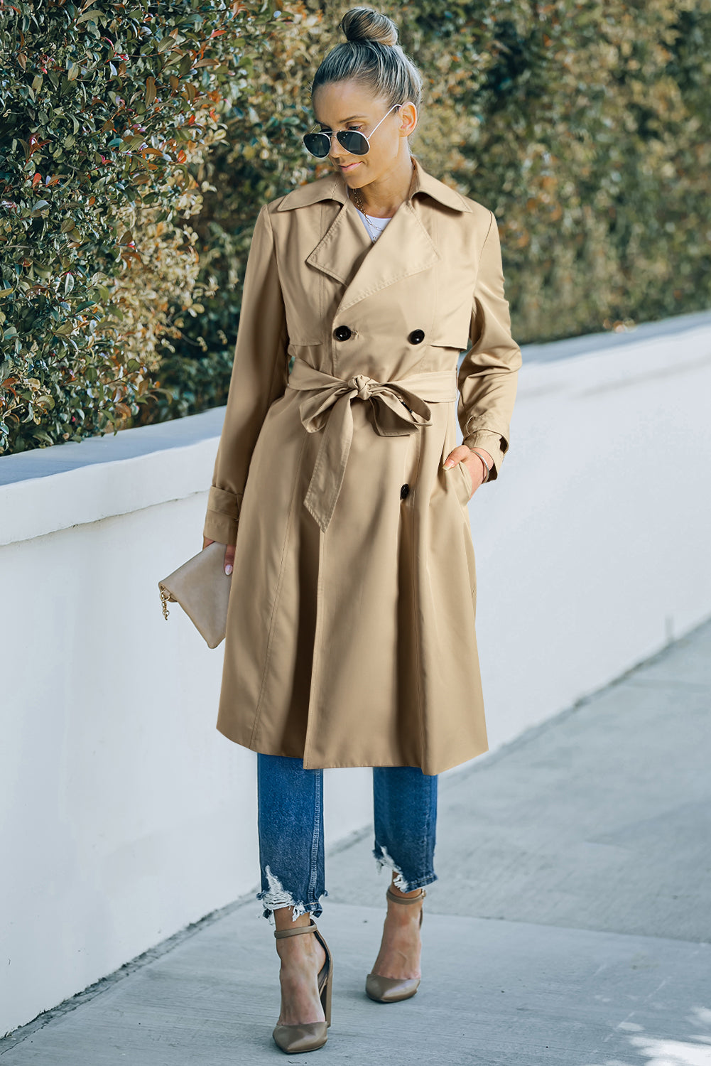 Pale Khaki Solid Color Lapel Collar Waist Tie Wind Coat - Snoopy's Closet