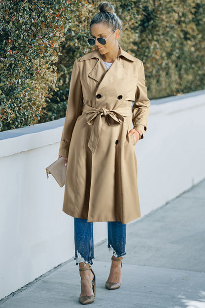 Pale Khaki Solid Color Lapel Collar Waist Tie Wind Coat - Snoopy's Closet