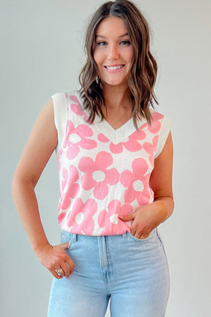 Pink Cute Flower Knitted V Neck Tank Top - Snoopy's Closet
