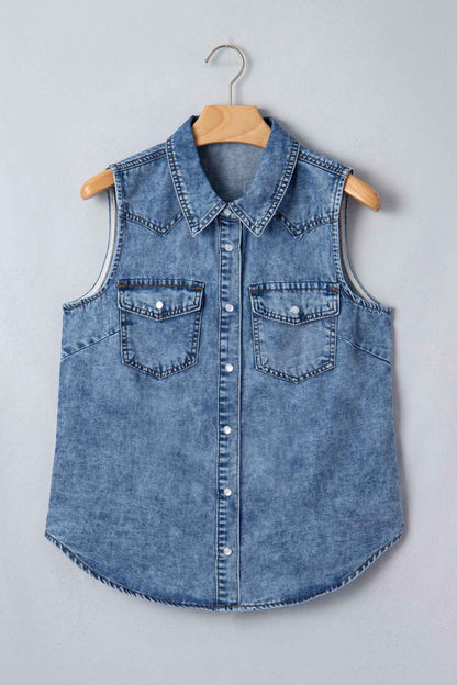 Dusk Blue Buttoned Front Collared Sleeveless Denim Vest