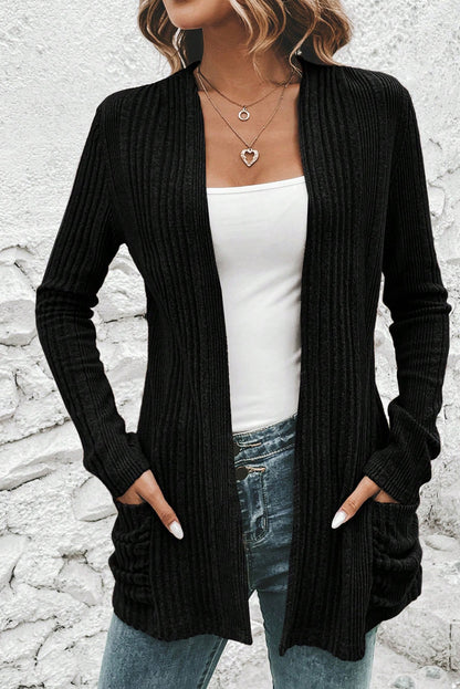 Black Ribbed Open Front Knitted Top with Pockets - Snoopy's Closet