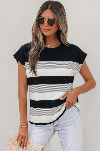 Black Stripe Mixed Print Crew Neck Cap Sleeve T Shirt - Snoopy's Closet