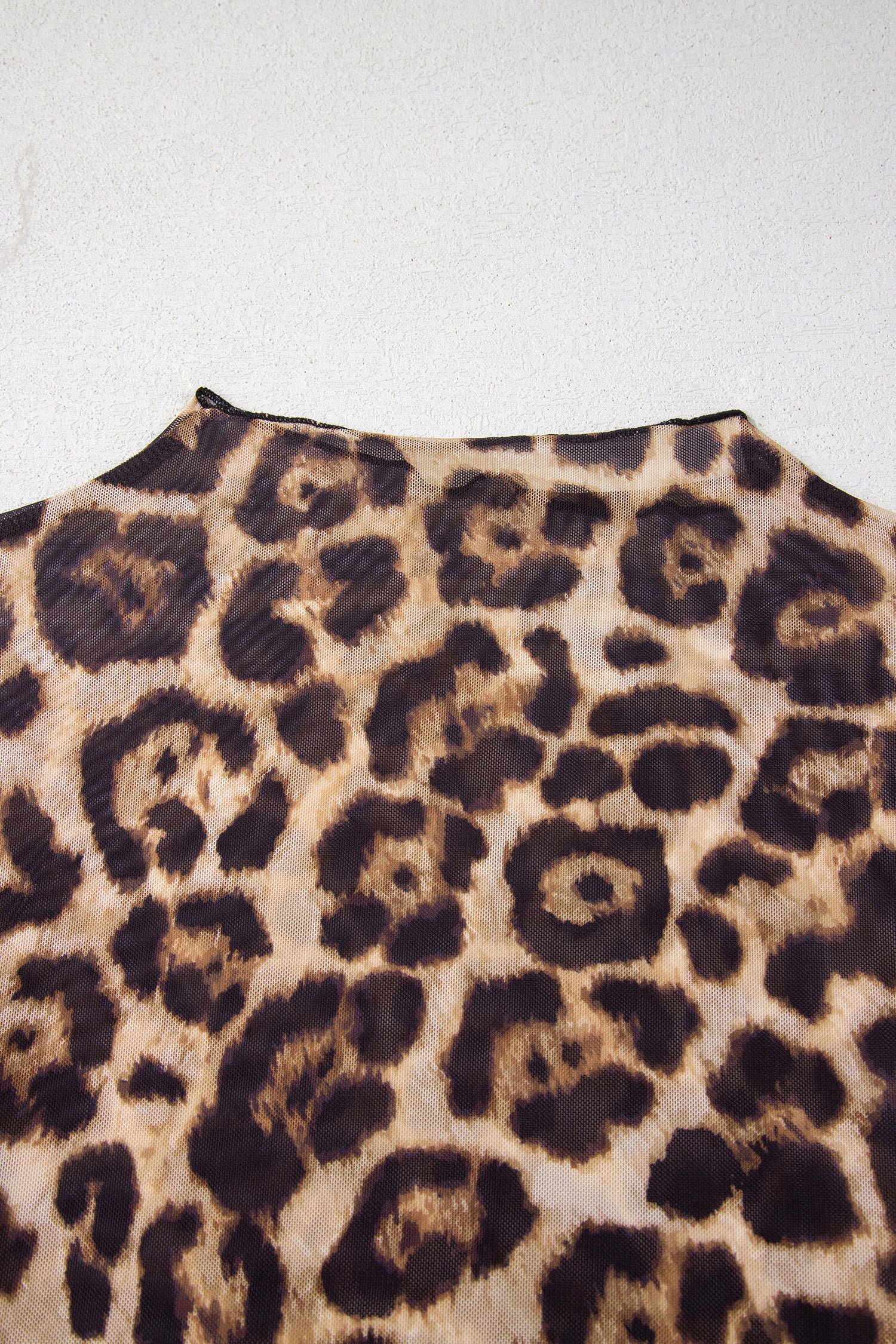 Camel Leopard Print Slim Fit Mesh Long Sleeve Mock Neck Top - Snoopy's Closet