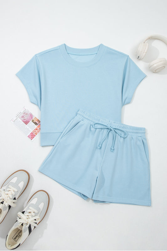 Conjunto de 2 piezas de camiseta holgada y shorts con cordón de color azul niebla