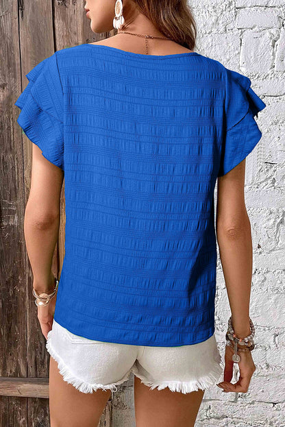 Dark Green Textured Ruffled Sleeve Round Neck Top - Snoopy's Closet
