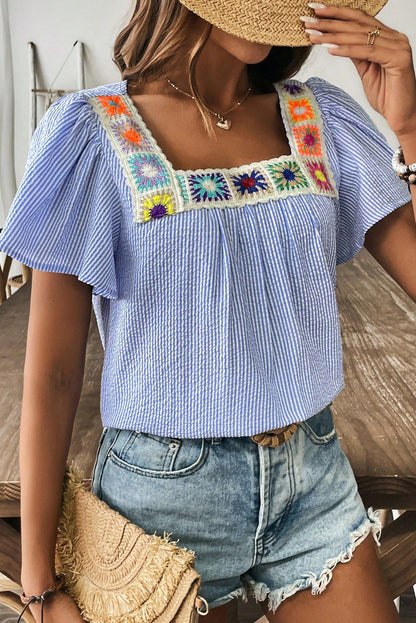 Sky Blue Stripe Textured Ruffle Short Sleeve Boho Detail Square Neck Blouse - Snoopy's Closet