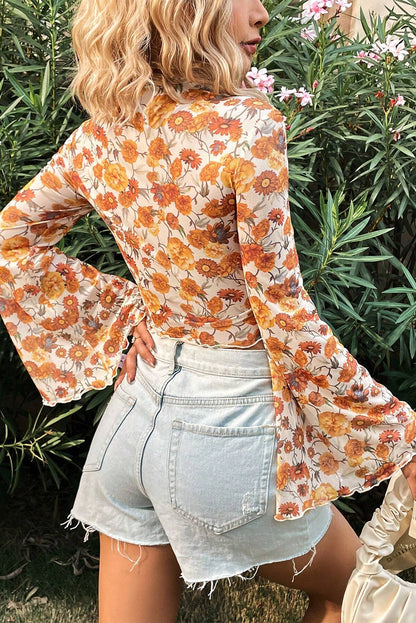 Orange Floral Printed Bell Sleeve Mock Neck Scallop Trim Blouse - Snoopy's Closet