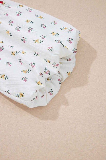 Red Stripe Floral Puff Sleeve Patchwork Round Neck Loose Top